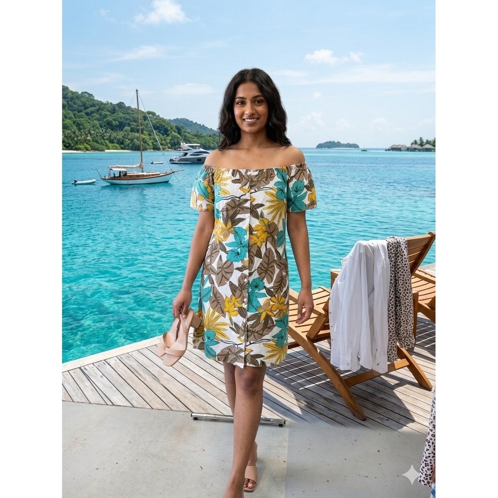 Tropical Floral Off Shoulder Button Down Mini Dress Short Sleeve